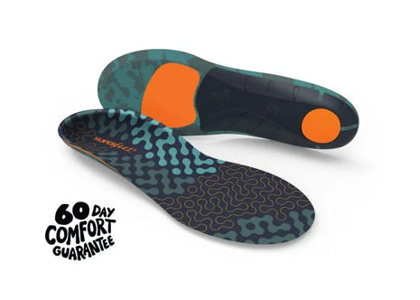 Run Cushion High insoles by Superfeet in blue and black with orange accents, cushioned flexible insoles for maximum comfort and support
