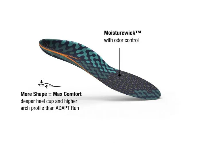 Run Cushion High by Superfeet in blue and black, flexible insoles with deeper heel cup, higher arch, and Moisturewick odor control for running comfort