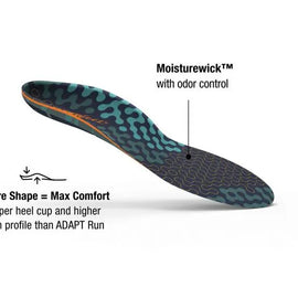 Run Cushion High by Superfeet in blue and black, flexible insoles with deeper heel cup, higher arch, and Moisturewick odor control for running comfort