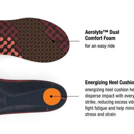 Run Cushion Low insoles by Superfeet in black and orange featuring Aerolyte Dual Comfort Foam and energizing heel cushion for impact reduction