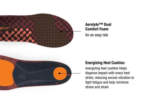 Run Cushion Low insoles by Superfeet in black and orange featuring Aerolyte Dual Comfort Foam and energizing heel cushion for impact reduction