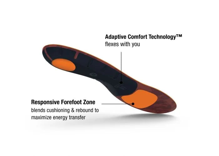 Run Cushion Low insoles by Superfeet in black and orange with adaptive comfort technology and responsive forefoot zone for enhanced running support