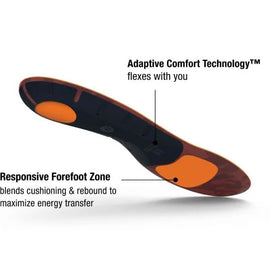 Run Cushion Low insoles by Superfeet in black and orange with adaptive comfort technology and responsive forefoot zone for enhanced running support