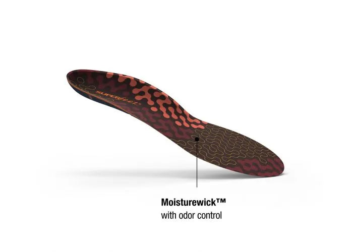 Run Cushion Low insoles by Superfeet in red and brown with Moisturewick odor control, cushioned support for running comfort and durability