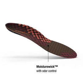 Run Cushion Low insoles by Superfeet in red and brown with Moisturewick odor control, cushioned support for running comfort and durability