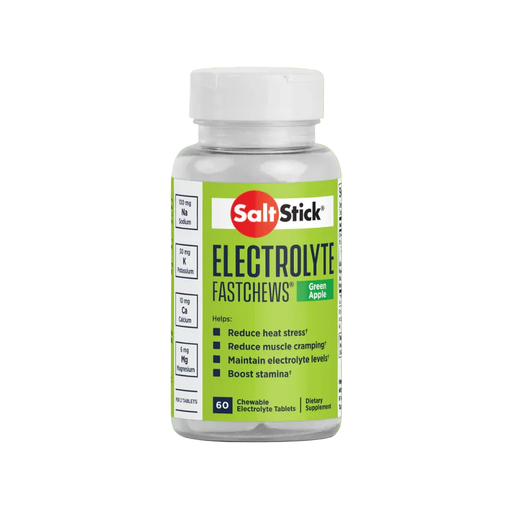 Bottle of Saltstick Fastchews 60-Tab in Green Apple, white bottle with lime green label