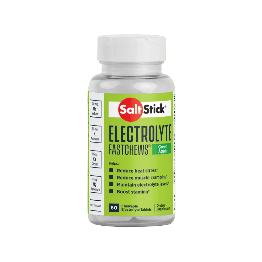 Bottle of Saltstick Fastchews 60-Tab in Green Apple, white bottle with lime green label