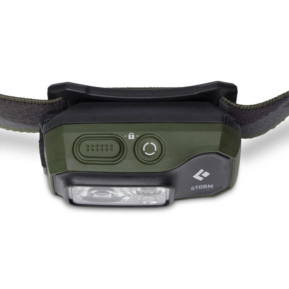 Storm 450 Headlamp by Black Diamond in green and black, waterproof dual-fuel headlamp ideal for outdoor use and adventure