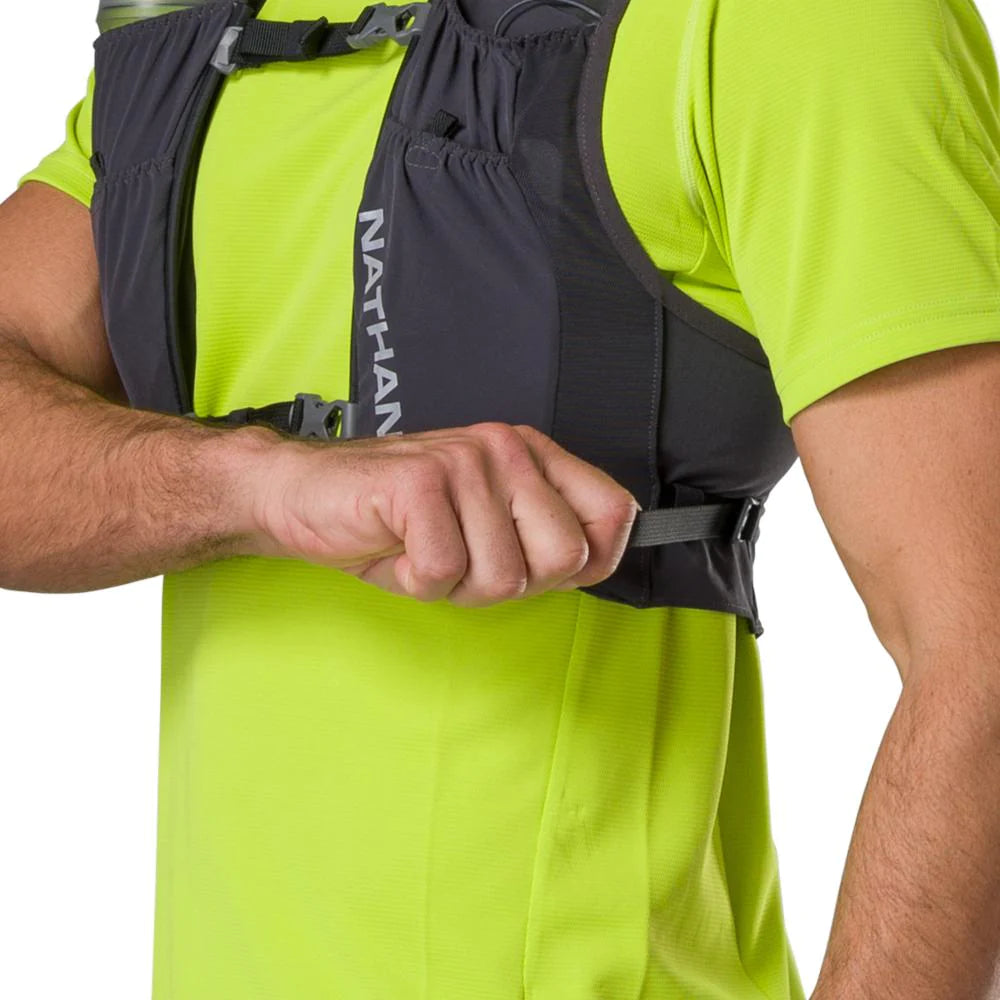 Pinnacle Run Lite Vest by Nathan in black, ultra-lightweight breathable hydration vest ideal for trail and road running