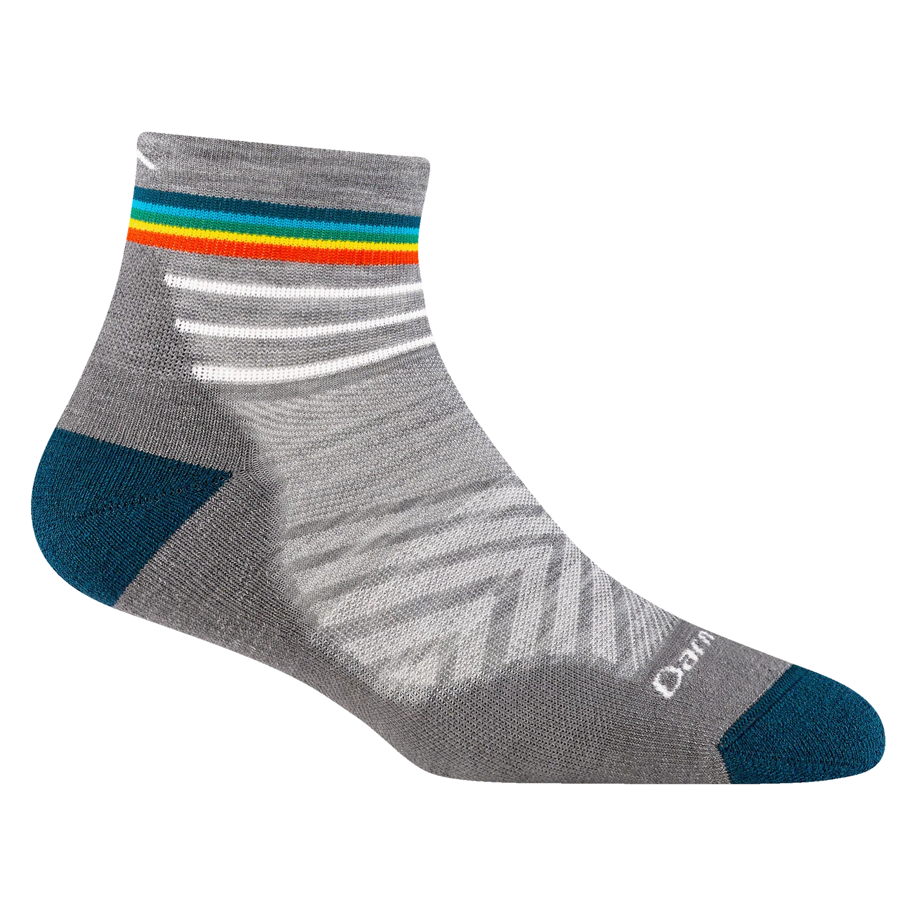 Run Quarter Ultra-Lightweight w/Cushion Running Sock - Women by Darn Tough in grey with teal and colorful stripes, ultra-lightweight with ankle coverage for running and training