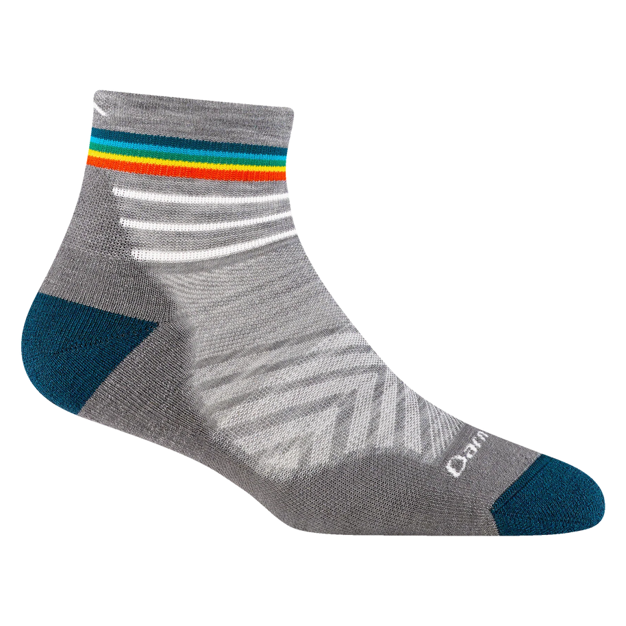 Run Quarter Ultra-Lightweight w/Cushion Running Sock - Women by Darn Tough in grey with teal and colorful stripes, ultra-lightweight with ankle coverage for running and training