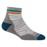 Run Quarter Ultra-Lightweight w/Cushion Running Sock - Women by Darn Tough in grey with teal and colorful stripes, ultra-lightweight with ankle coverage for running and training