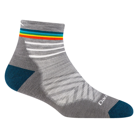 Run Quarter Ultra-Lightweight w/Cushion Running Sock - Women by Darn Tough in grey with teal and colorful stripes, ultra-lightweight with ankle coverage for running and training