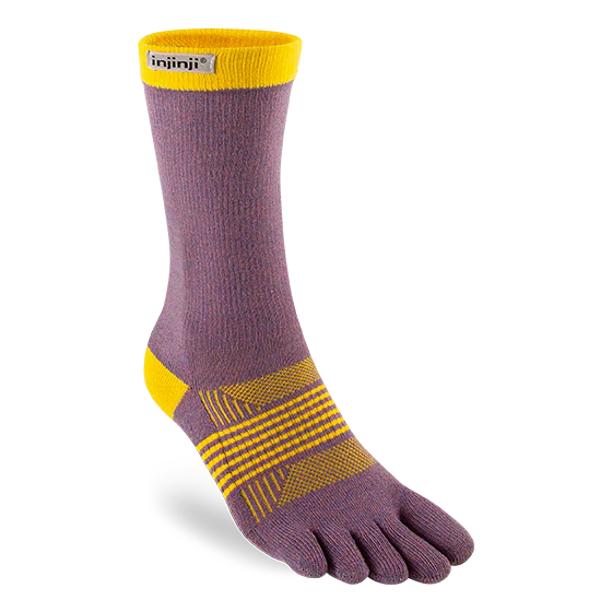 Trail Midweight Crew - Women by Injinji in purple and yellow, toe socks for reduced friction and comfort on rugged terrain running