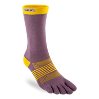 Trail Midweight Crew - Women by Injinji in purple and yellow, toe socks for reduced friction and comfort on rugged terrain running