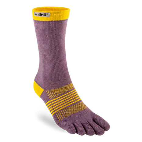 Trail Midweight Crew - Women by Injinji in purple and yellow, toe socks for reduced friction and comfort on rugged terrain running