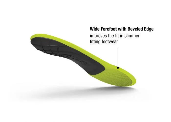 Run Support Low by Superfeet in bright green and black, carbon fiber foam insole with wide forefoot and beveled edge for running support
