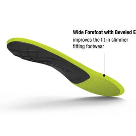 Run Support Low by Superfeet in bright green and black, carbon fiber foam insole with wide forefoot and beveled edge for running support