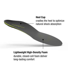 Run Support Low by Superfeet in black and lime green, lightweight high-density foam insole with heel cup for shock absorption and long-lasting comfort