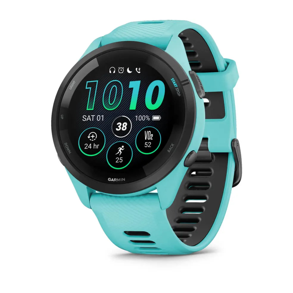 Forerunner® 265 by Garmin in turquoise with AMOLED touchscreen and training readiness feature, GPS running smartwatch for runners