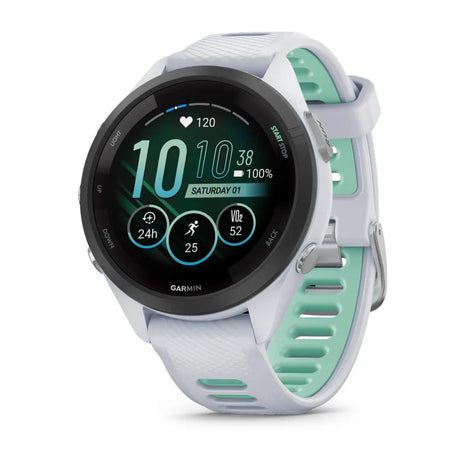 Forerunner® 265S by Garmin in white and mint green, GPS running smartwatch with advanced training metrics for running and fitness tracking