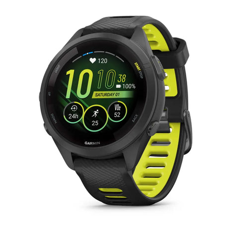 Forerunner® 265S by Garmin in black and neon yellow, GPS running smartwatch with advanced training metrics ideal for running enthusiasts