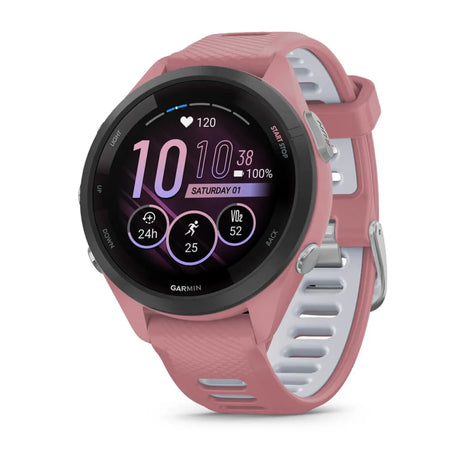 Forerunner® 265S by Garmin in rose pink and light grey, GPS running smartwatch with heart rate and VO2 tracking, ideal for running training