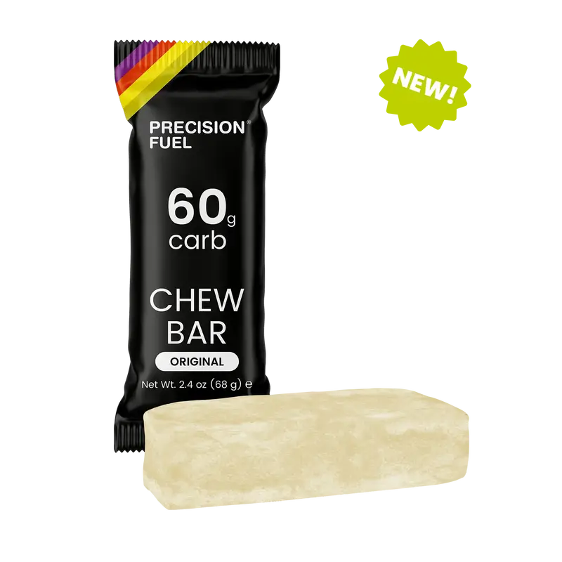 PF 60 Chew Original by Precision Fuel & Hydration in black packaging, energy-dense chew bar for endurance athletes and running