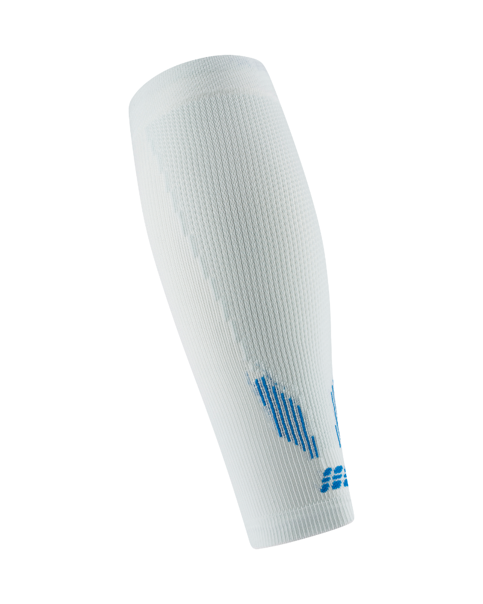 Core Run Calf Sleeve, 5.0 - Women by CEP Sports in white with blue accents, compression sleeve for running with activation zones, made in Germany