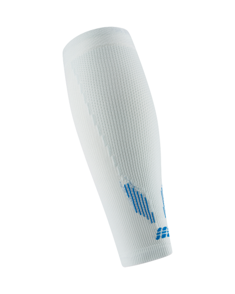 Core Run Calf Sleeve, 5.0 - Women by CEP Sports in white with blue accents, compression sleeve for running with activation zones, made in Germany