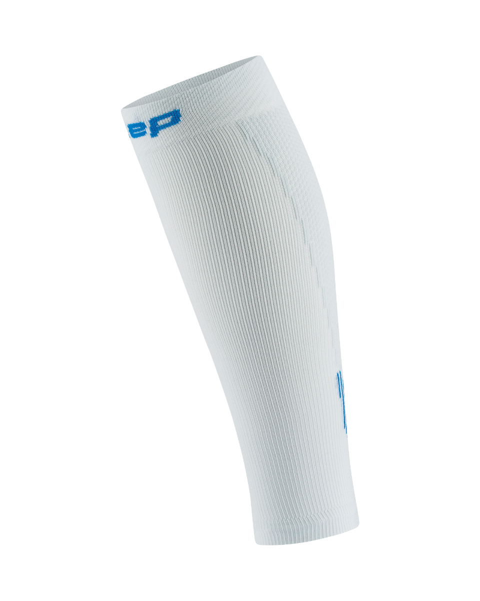Core Run Calf Sleeve, 5.0 - Women by CEP Sports in white with blue logo, compression sleeve with activation zones for running support and recovery