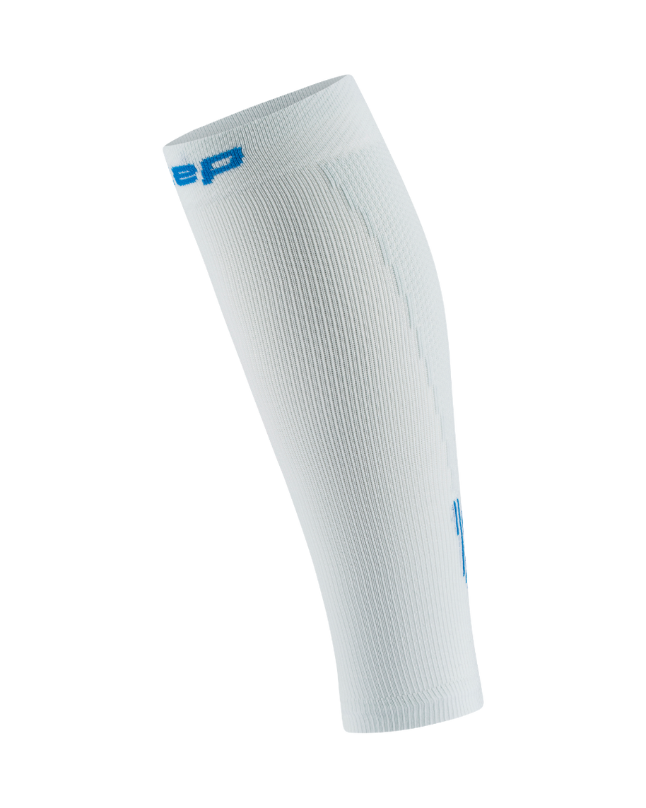 Core Run Calf Sleeve, 5.0 - Women by CEP Sports in white with blue logo, compression sleeve with activation zones for running support and recovery