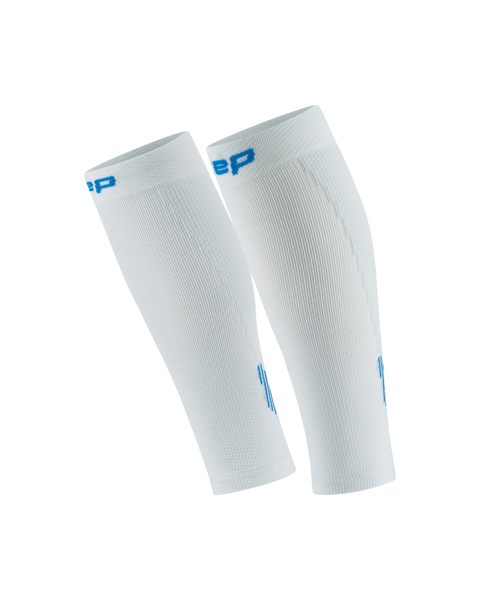 Core Run Calf Sleeve, 5.0 - Women by CEP Sports in white with blue logo, compression sleeves for running with activation zones for muscle support