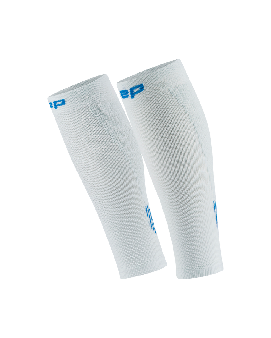 Core Run Calf Sleeve, 5.0 - Women by CEP Sports in white with blue logo, compression sleeves for running with activation zones for muscle support
