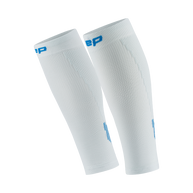 Core Run Calf Sleeve, 5.0 - Women by CEP Sports in white with blue logo, compression sleeves for running with activation zones for muscle support