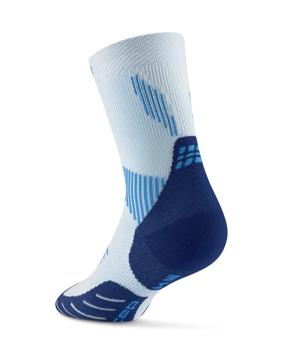 Core Run Socks Mid Cut, 5.0 - Women by CEP Sports in white and blue, compression socks with targeted zones for joint and muscle support ideal for running