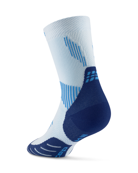 Core Run Socks Mid Cut, 5.0 - Women by CEP Sports in white and blue, compression socks with targeted zones for joint and muscle support ideal for running