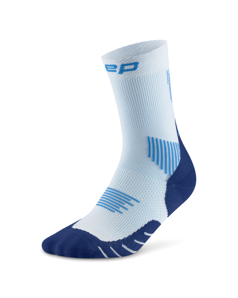 Core Run Socks Mid Cut, 5.0 - Women by CEP Sports in light blue and navy, compression socks with targeted muscle support for running