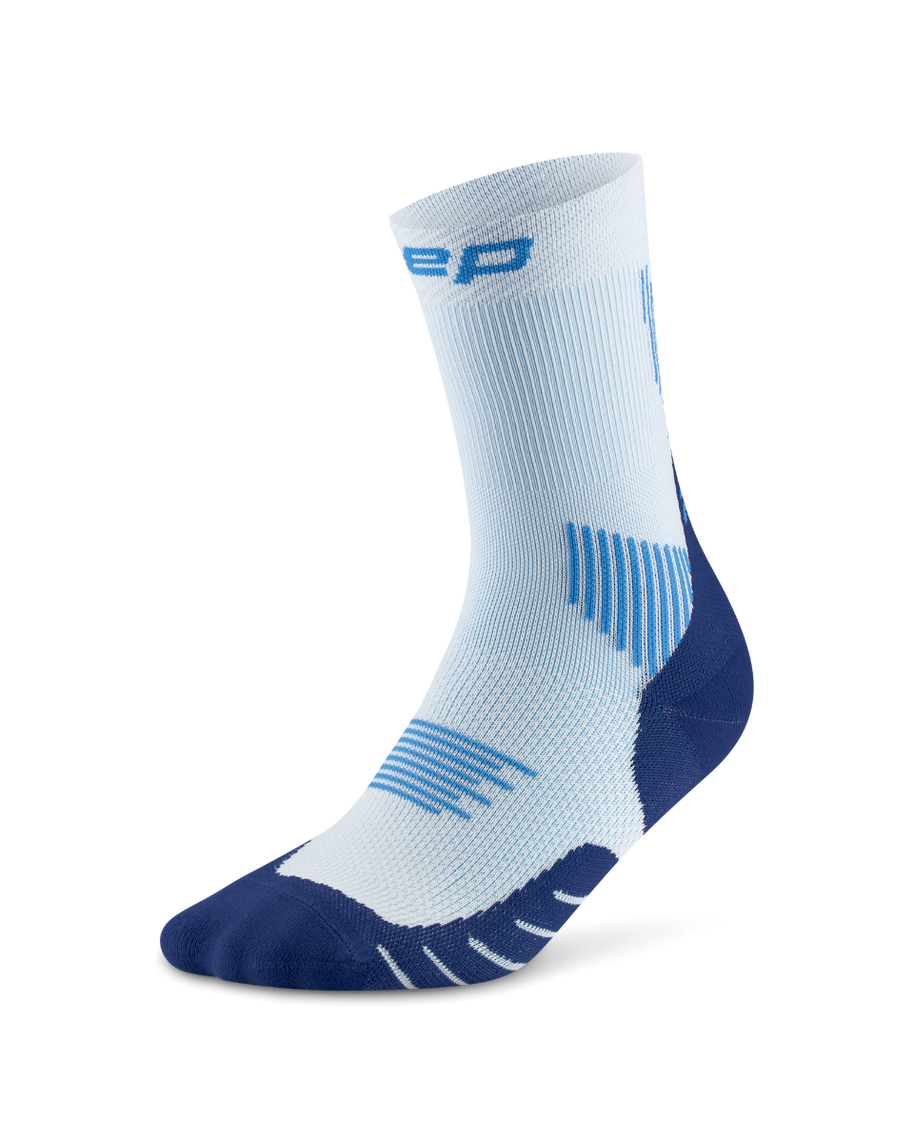 Core Run Socks Mid Cut, 5.0 - Women by CEP Sports in light blue and navy, compression socks with targeted muscle support for running