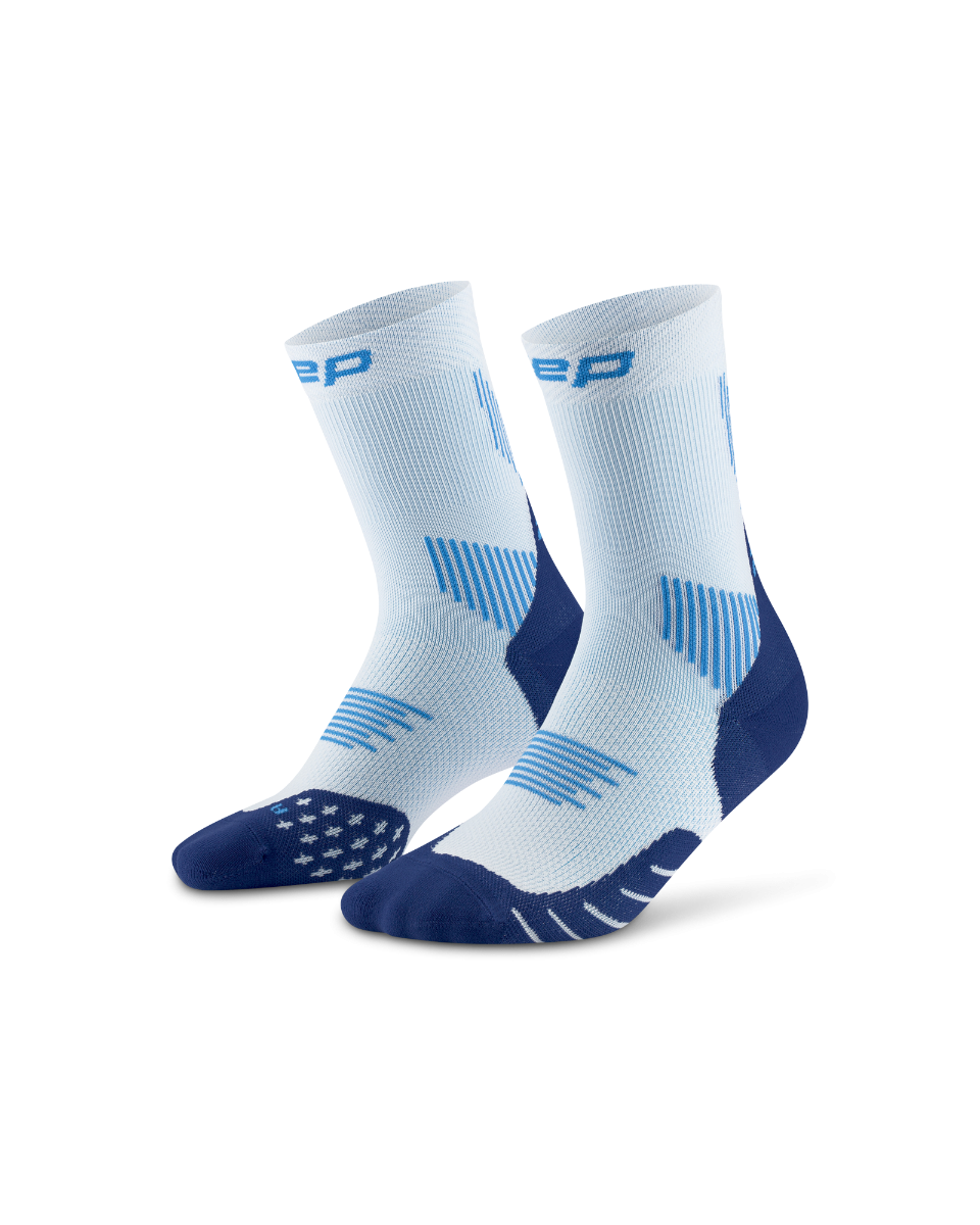 Core Run Socks Mid Cut, 5.0 - Women by CEP Sports in light blue and navy, compression socks for targeted muscle and joint support during running