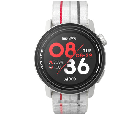 PACE 3 GPS Sport Watch by Coros in white with red and black stripes, lightweight GPS watch for training and recovery tracking