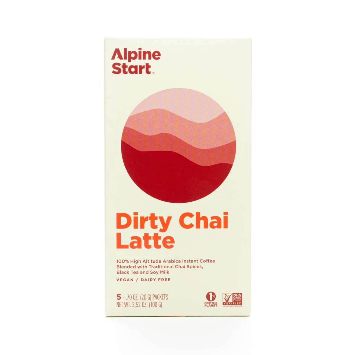 Instant Coffee: Dirty Chai Latte by Alpine Start in cream and red, 100% Colombian Arabica with chai spices, black tea, and soy milk blend