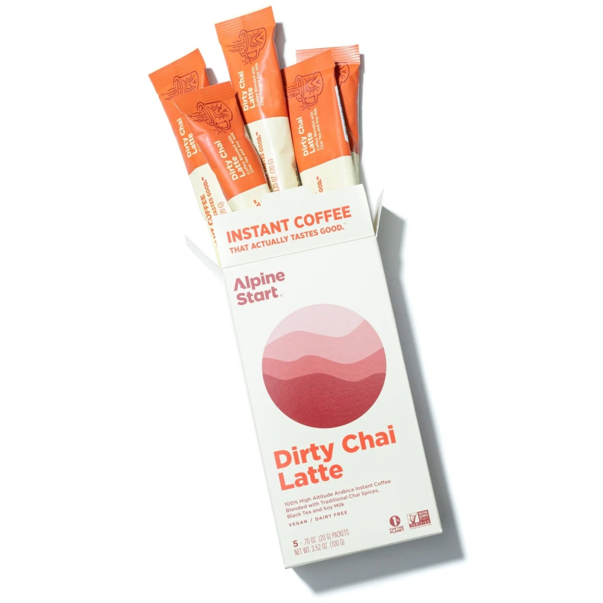 Instant Coffee: Dirty Chai Latte by Alpine Start in orange and white packaging, instant Colombian Arabica coffee with chai spices and soy milk, bold creamy flavor