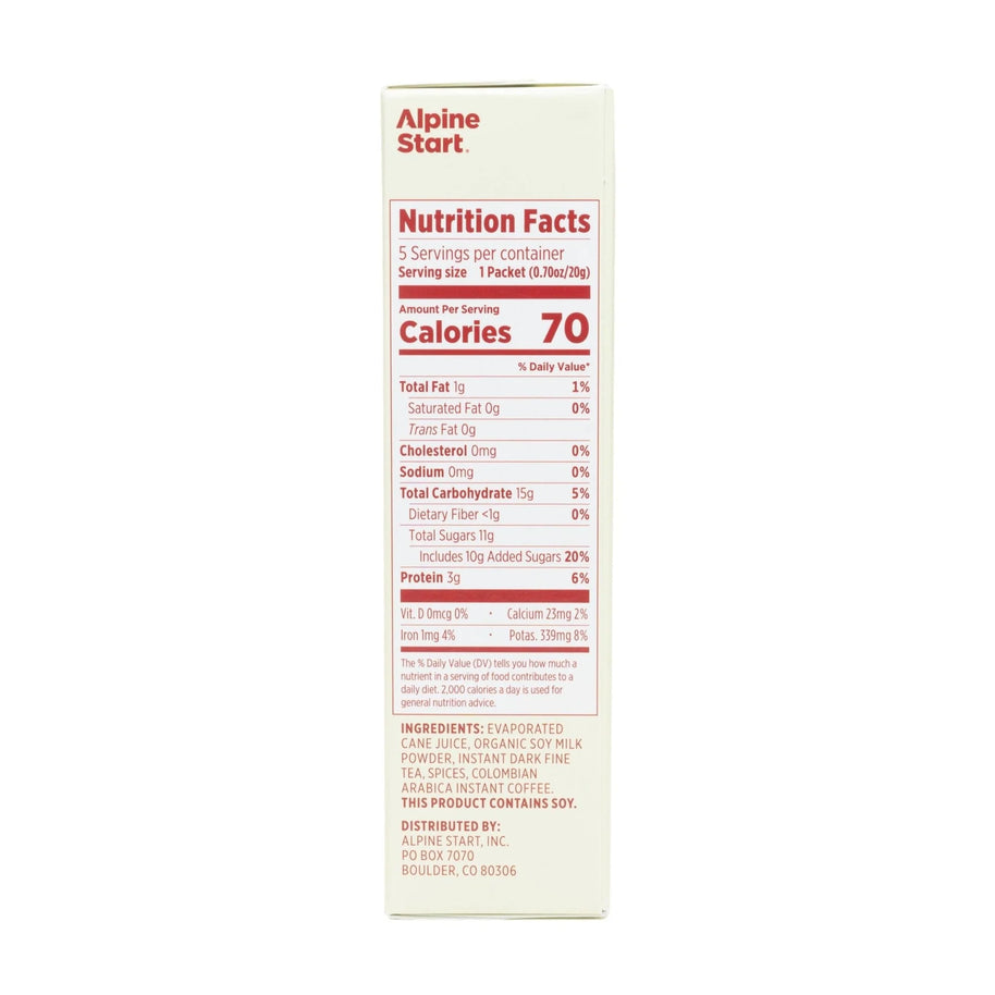 Instant Coffee: Dirty Chai Latte by Alpine Start in white packaging with nutrition facts, 100% Colombian coffee and chai spices, soy milk blend