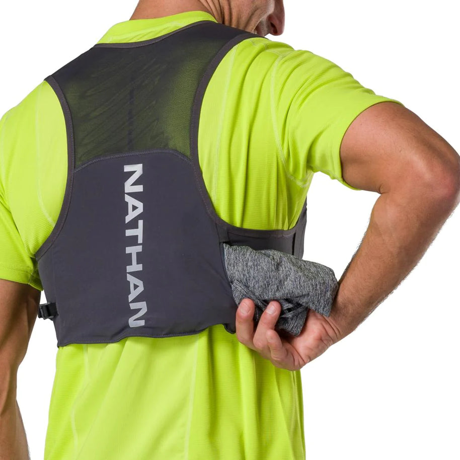 Pinnacle Run Lite Vest by Nathan in grey and black, ultra-lightweight breathable hydration vest ideal for road and trail running