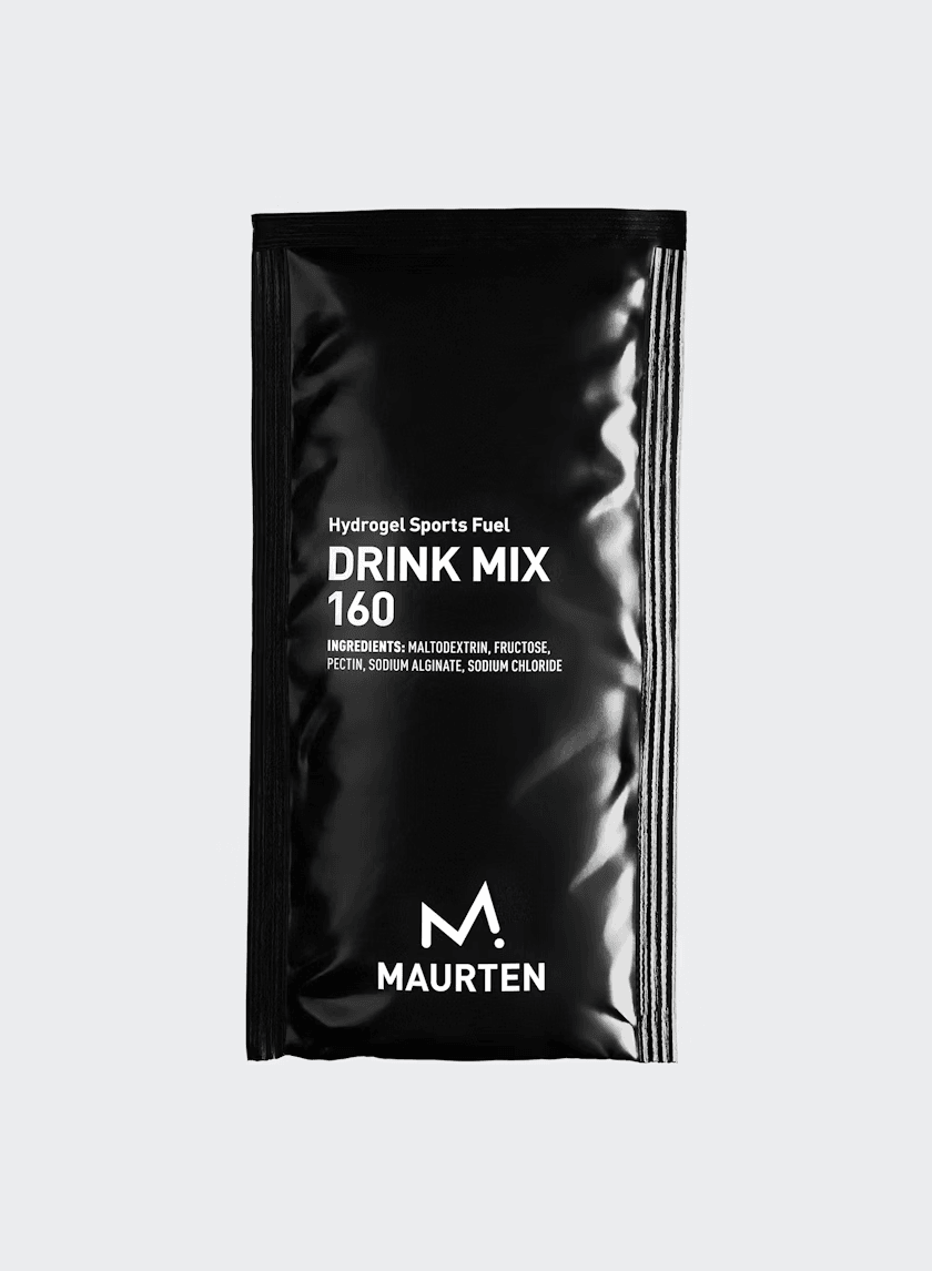 Drink Mix 160 by Maurten in black pouch, hydrogel sports fuel with 40g carbohydrates for hydration and energy during running