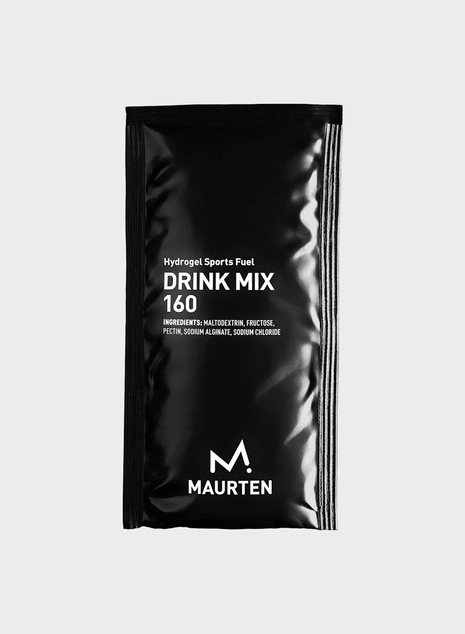 Drink Mix 160 by Maurten in black pouch, hydrogel sports fuel with 40g carbohydrates for hydration and energy during running