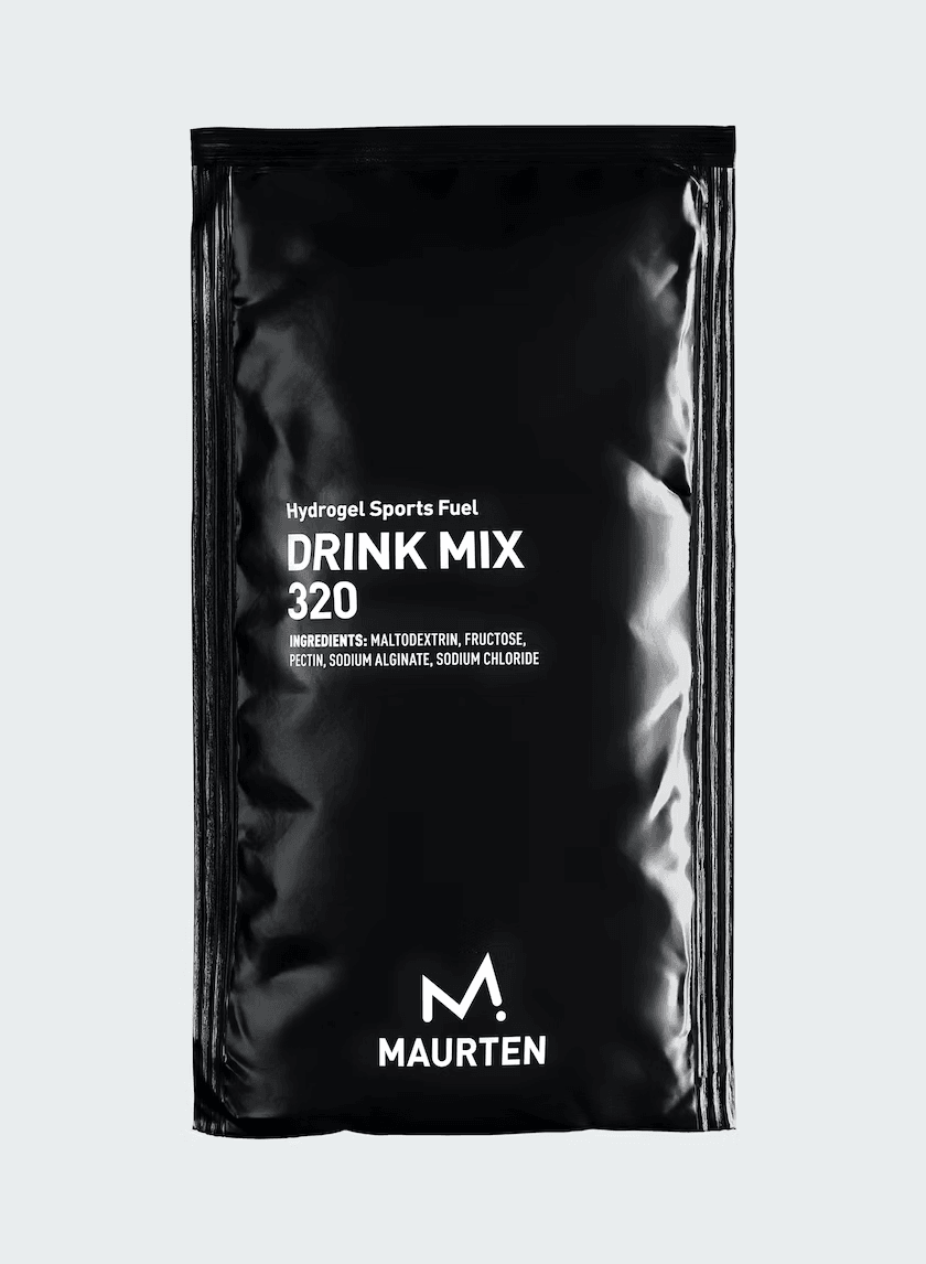 Drink Mix 320 by Maurten in black packaging, hydrogel sports fuel with maltodextrin and fructose for endurance running nutrition