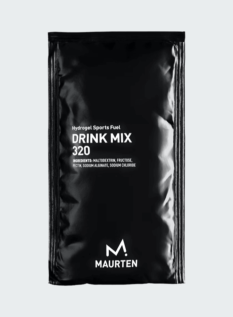 Drink Mix 320 by Maurten in black packaging, hydrogel sports fuel with maltodextrin and fructose for endurance running nutrition