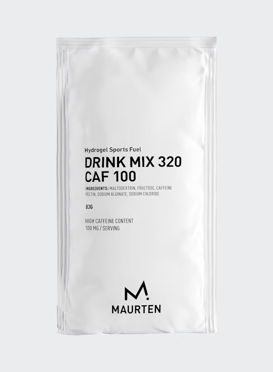 Drink Mix 320 Caf 100 by Maurten in white packaging, high caffeine sports fuel with carbs and hydration for running in Canada
